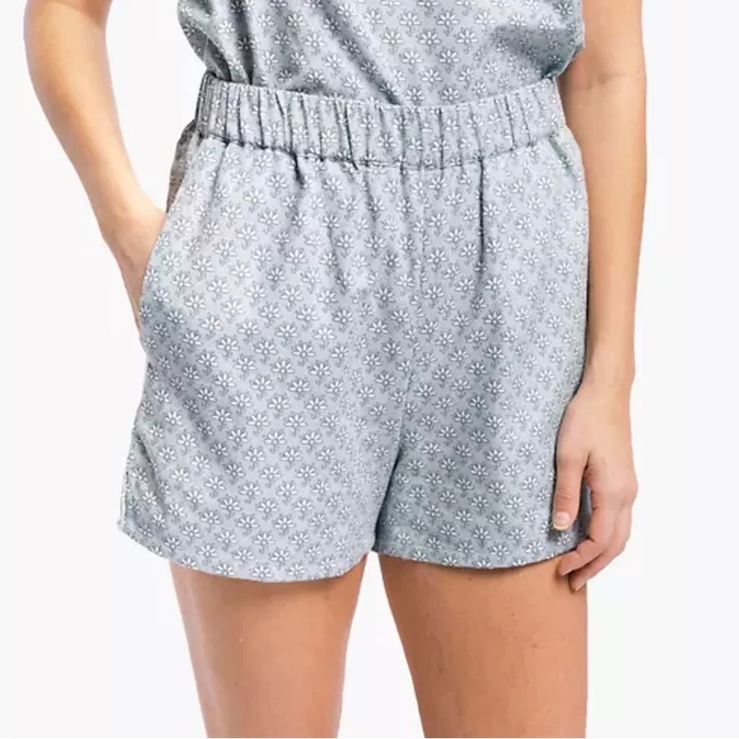Laude The Label Blue Floral Cotton Flax Shorts Women Size L Cottage Coastal Boho